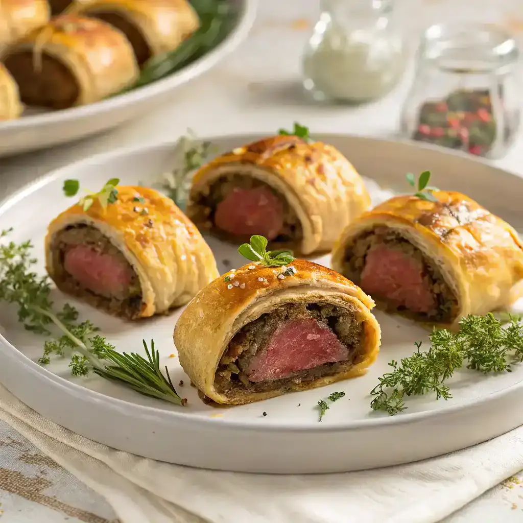 A platter of Mini Beef Wellingtons garnished with fresh herbs.