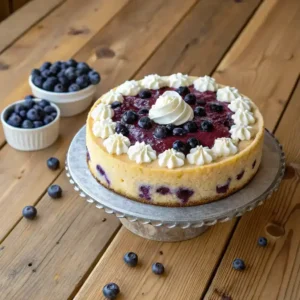 A beautifully decorated Nova Scotia Blueberry Cream Cake with fresh blueberries and whipped cream.