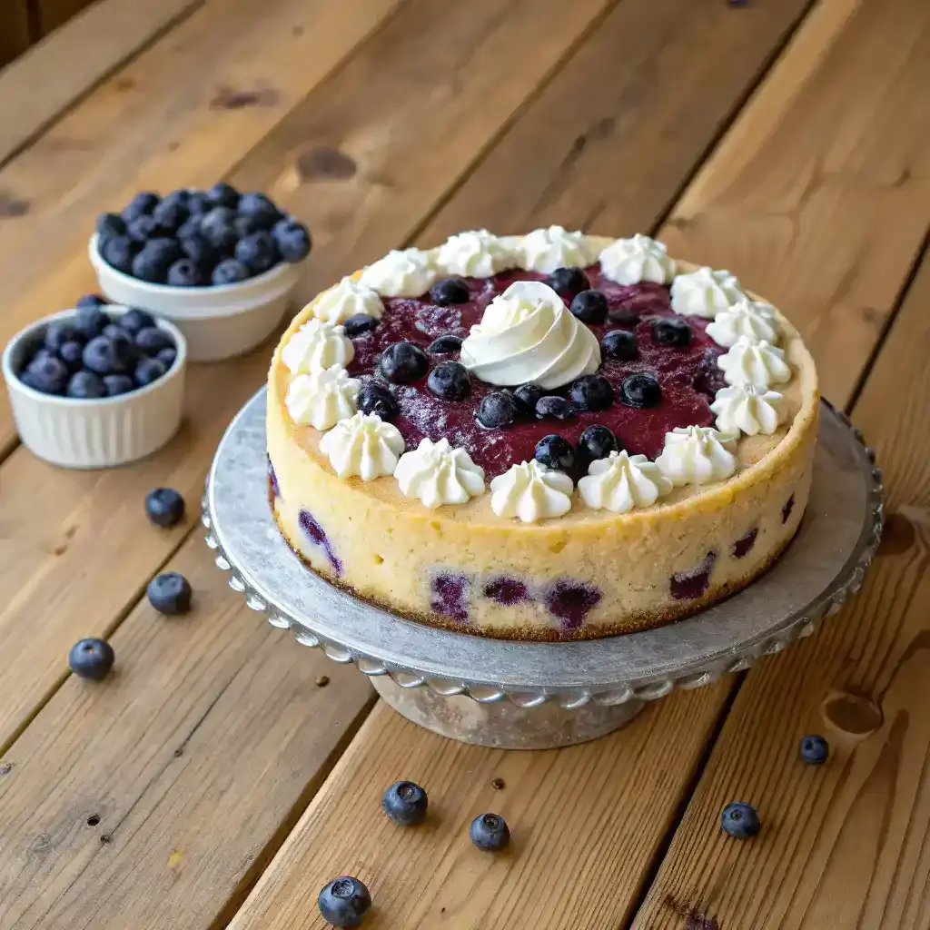 A beautifully decorated Nova Scotia Blueberry Cream Cake with fresh blueberries and whipped cream.