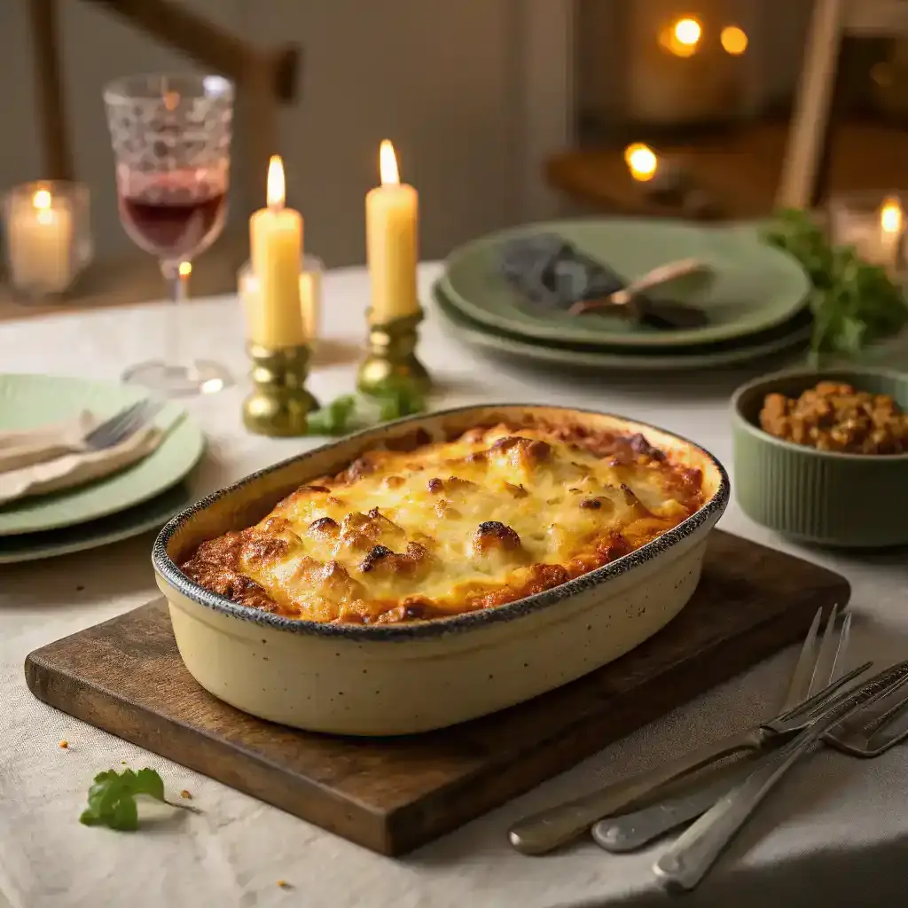 A freshly baked Poor Man's Husband Casserole served on a dining table.