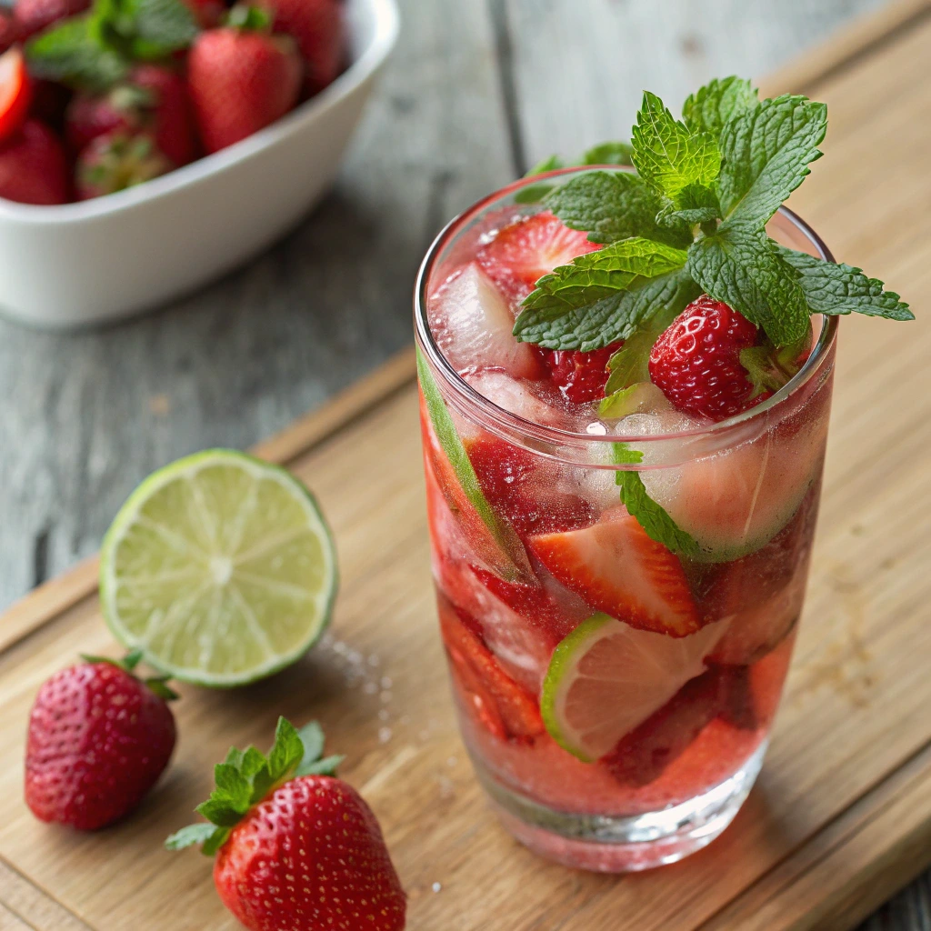 Glass of strawberry mocktail with lime slices, mint leaves, and fresh strawberries on a wooden board