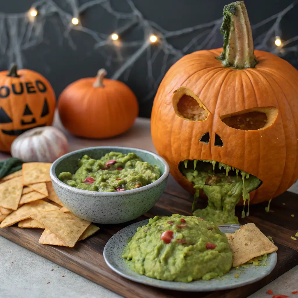 Barfing pumpkin guacamole Halloween display with carved pumpkin and green guacamole spilling onto a plate