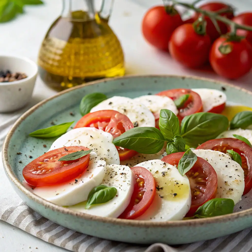 Fresh caprese salad with sliced tomatoes, mozzarella, basil, and olive oil on a ceramic plate