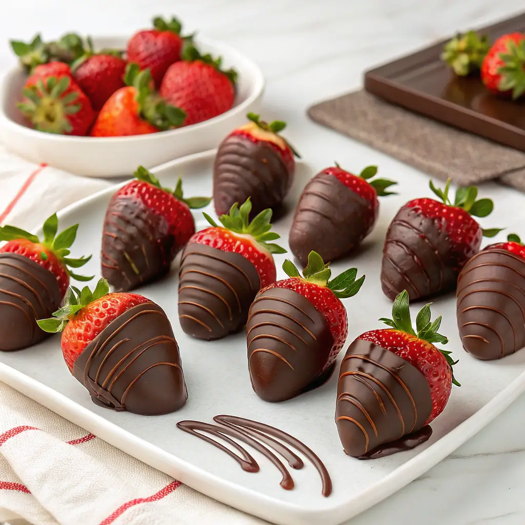 Homemade chocolate dipped strawberries with dark chocolate and decorative drizzle on a white plate