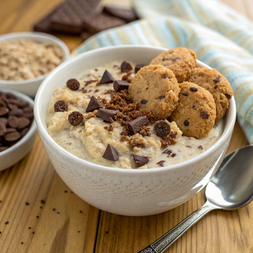 A bowl of cookie dough overnight oats topped with mini cookies, chocolate chips, and crumbles