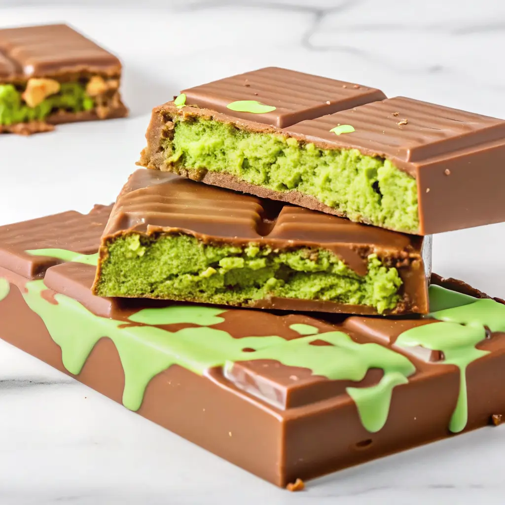 Dubai chocolate bar with green pistachio filling and milk chocolate coating on a white background