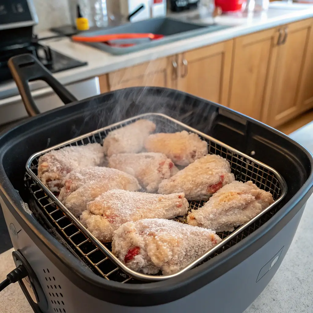 Frozen chicken wings in an air fryer basket with visible steam in a cozy kitchen setting