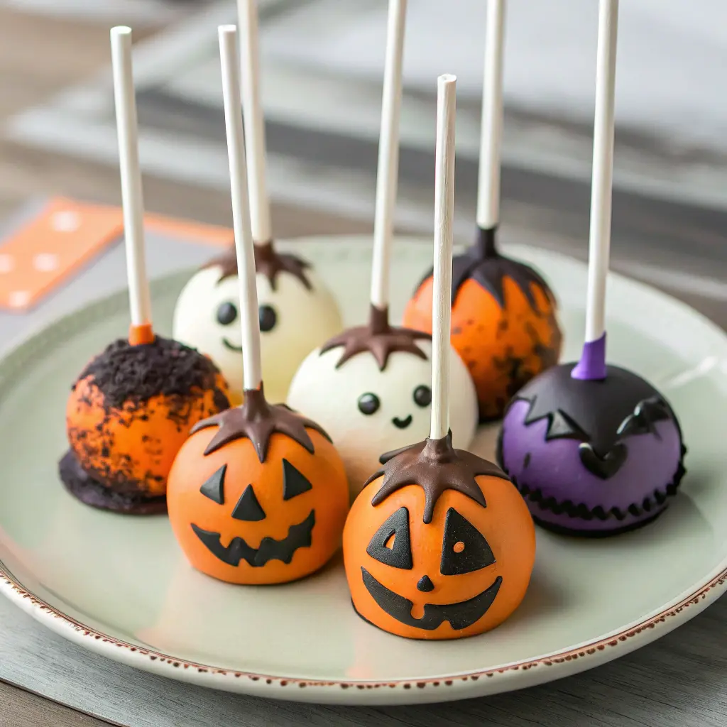 Halloween cake pops decorated as pumpkins, ghosts, and spooky monsters on a plate