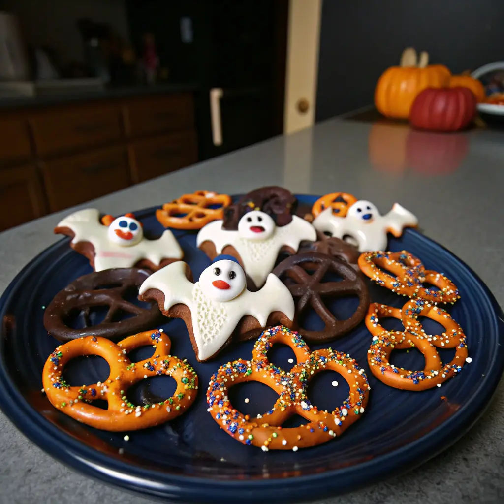 Halloween pretzels decorated with chocolate, candy ghosts, and festive sprinkles on a dark blue plate