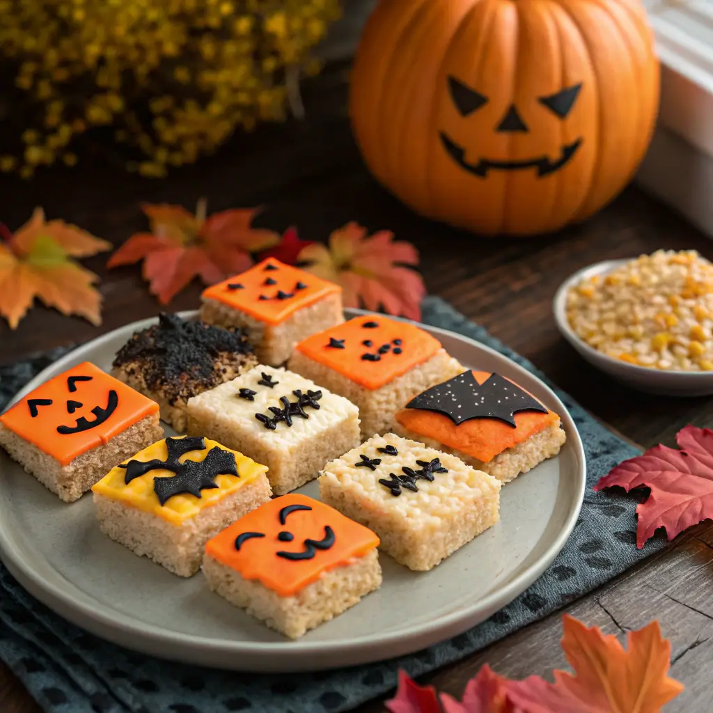 Halloween Rice Krispie treats decorated with spooky faces and bat designs on a festive fall-themed table