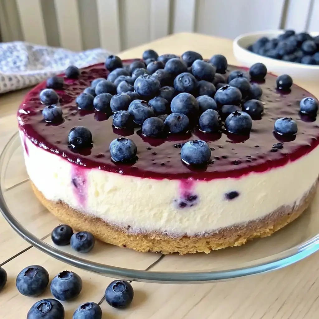 No bake blueberry cheesecake topped with fresh blueberries and blueberry sauce on a graham cracker crust