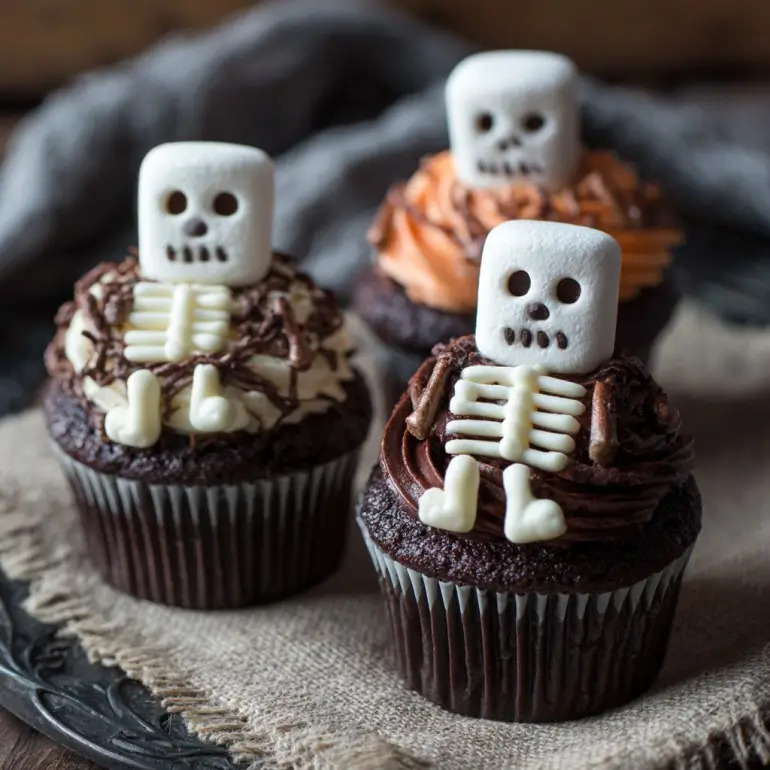 Chocolate skeleton cupcakes topped with marshmallow skulls and candy bones for Halloween