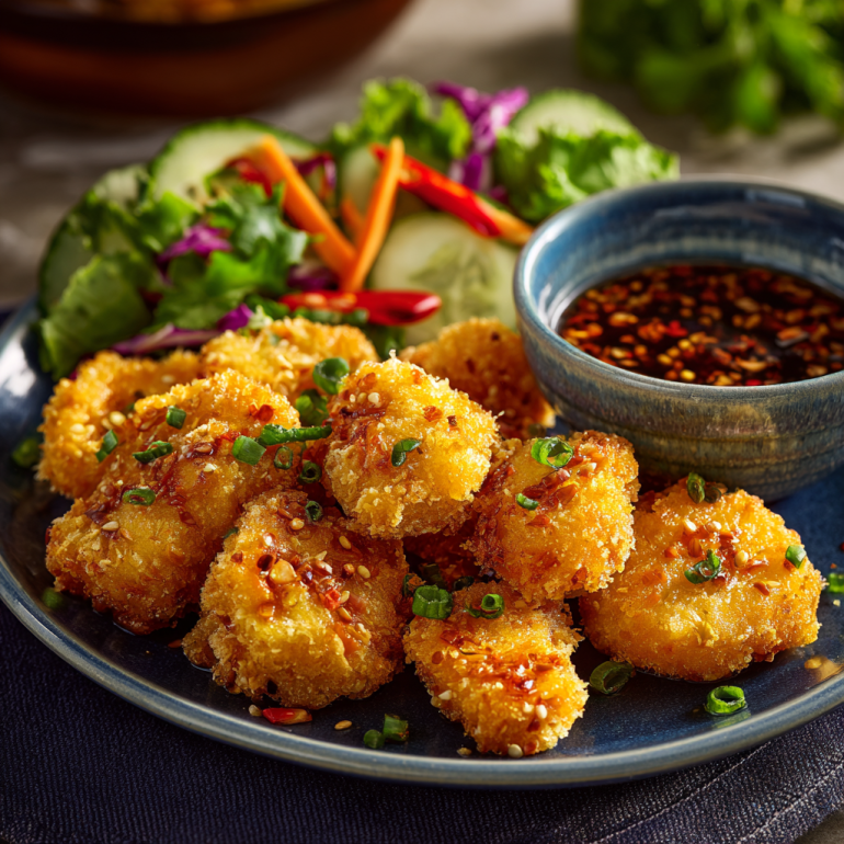 Air fryer bang bang chicken with crispy coating and glossy sauce