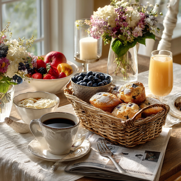 Air fryer blueberry muffins served for family breakfast with coffee and fresh fruit