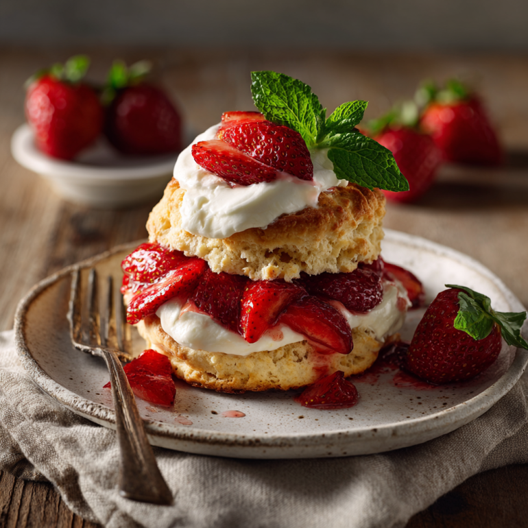 Air fryer strawberry shortcake with flaky biscuit, fresh berries, and whipped cream