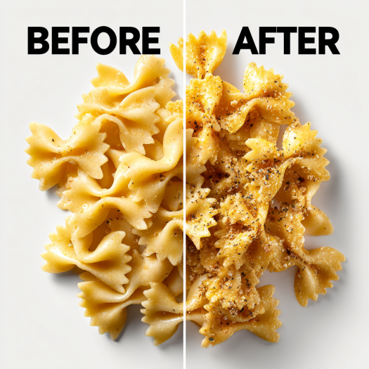 Before and after transformation showing plain pasta versus golden crispy pasta chips