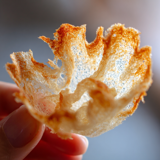 Close-up of perfect rice paper chip texture showing golden translucent crispiness
