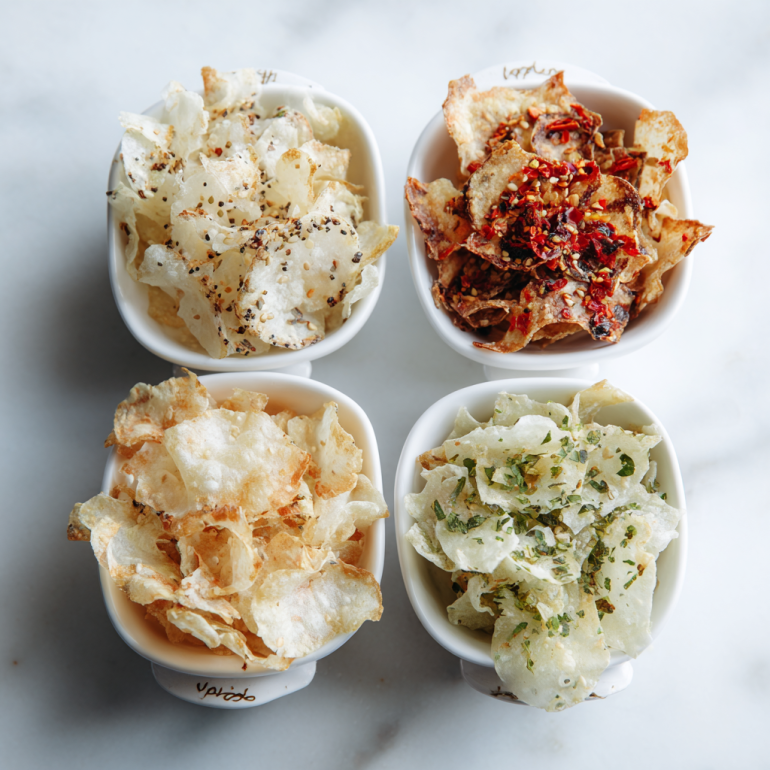 Four rice paper chip flavor variations - salt pepper, everything bagel, chili, garlic herb