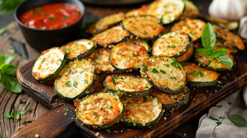 Golden crispy air fryer zucchini chips on wooden board with dipping sauce