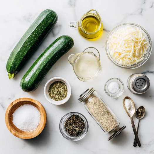 Ingredients for air fryer zucchini chips laid out on marble counter