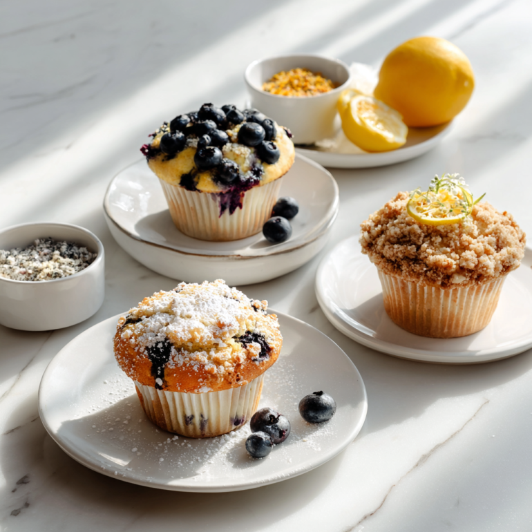 Three air fryer blueberry muffin variations - classic, lemon, and streusel-topped