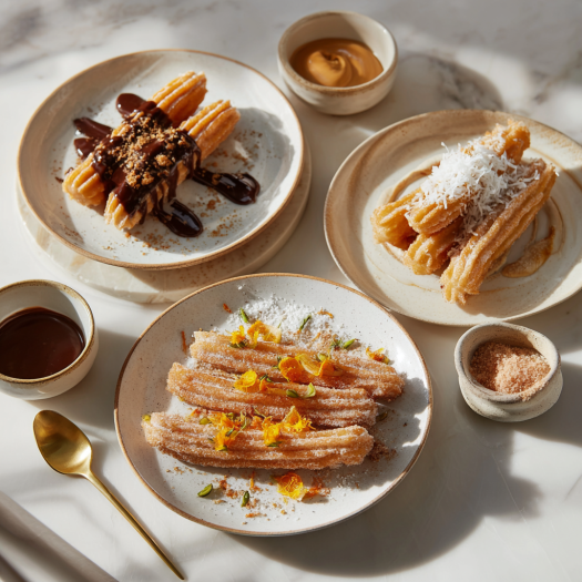 Three air fryer churros flavor variations - classic, dulce de leche, and orange cardamom