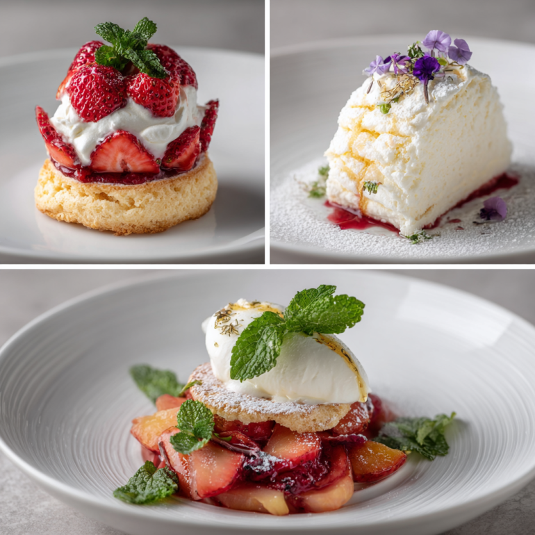 Three air fryer shortcake variations - classic, lemon lavender, and bourbon peach