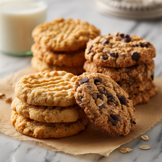 Three types of air fryer cookies - chocolate chip, peanut butter, and oatmeal raisin