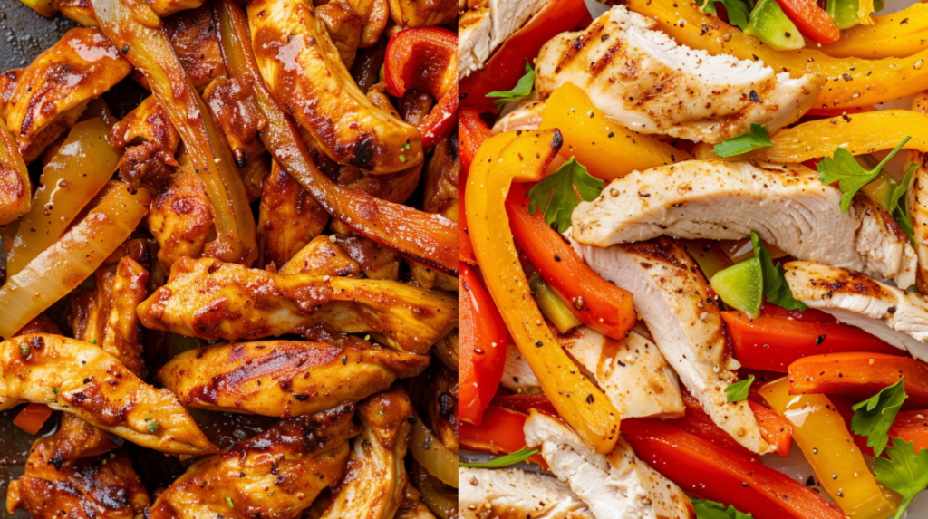 Before and after comparison of raw marinated ingredients versus perfectly cooked air fryer chicken fajitas