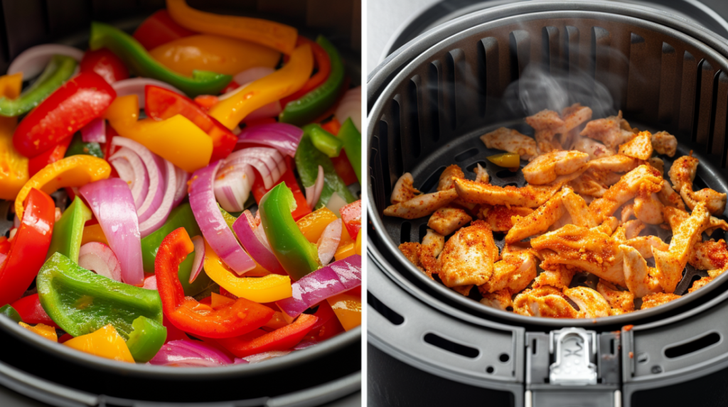 Sequential cooking process showing vegetables first then chicken added to air fryer basket