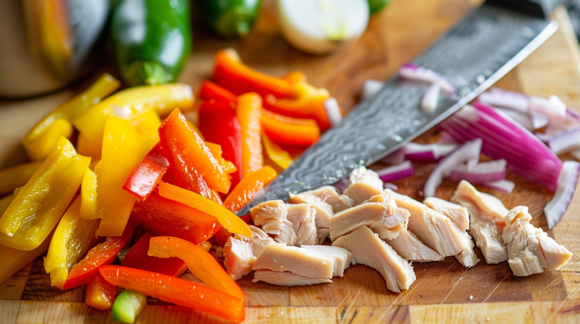 Proper cutting technique showing chicken and vegetables sliced into uniform 1/2-inch strips