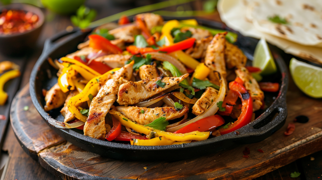 Sizzling air fryer chicken fajitas with colorful peppers and onions on wooden serving board