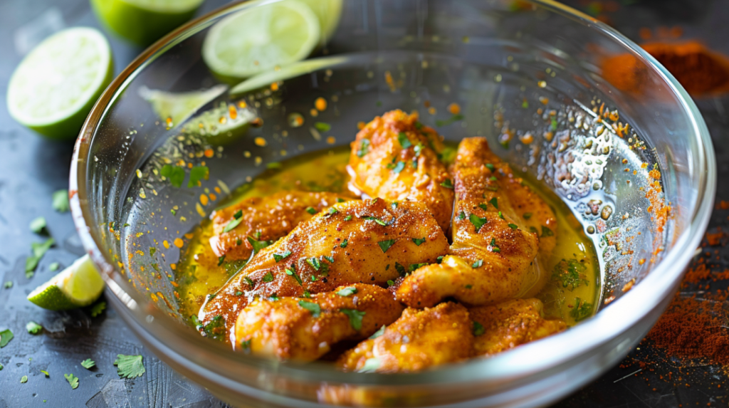Chicken strips being marinated in golden fajita spice mixture with lime juice and oil