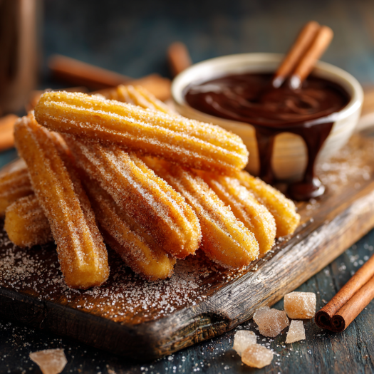Golden crispy air fryer churros with cinnamon sugar and chocolate dipping sauce