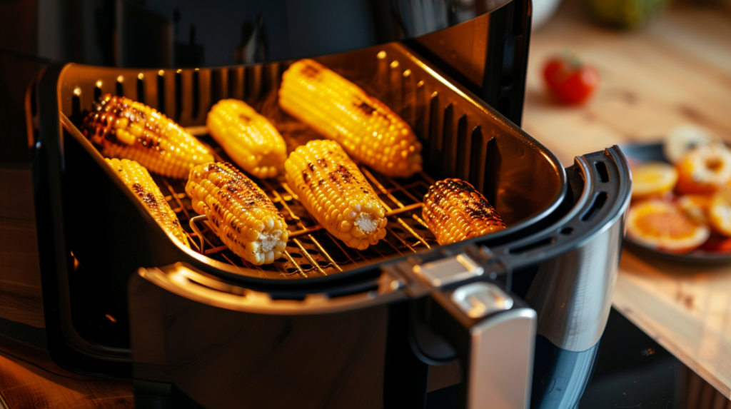Air fryer basket containing golden corn on the cob during cooking process with visible steam