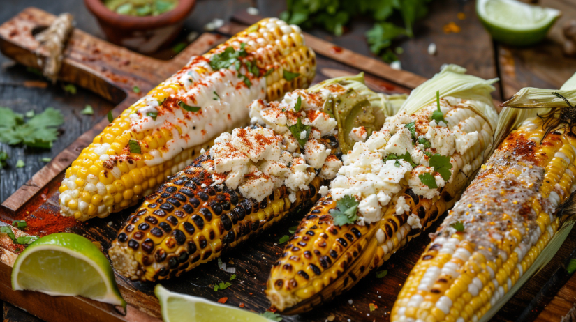 Four different air fryer corn on the cob flavor variations including Mexican street corn and garlic herb butter