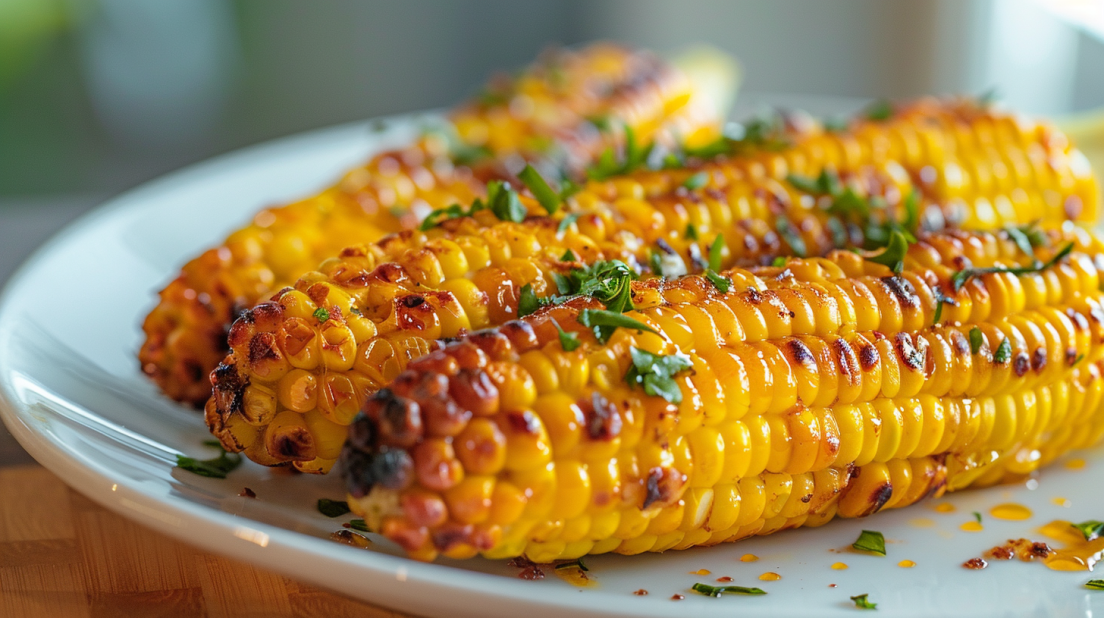 Golden air fryer corn on the cob with perfectly caramelized kernels on white plate showing ideal cooking results