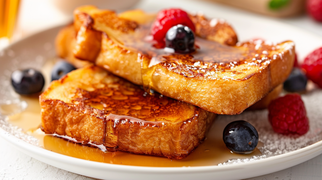 Golden air fryer French toast sticks with custardy interior on white plate with maple syrup