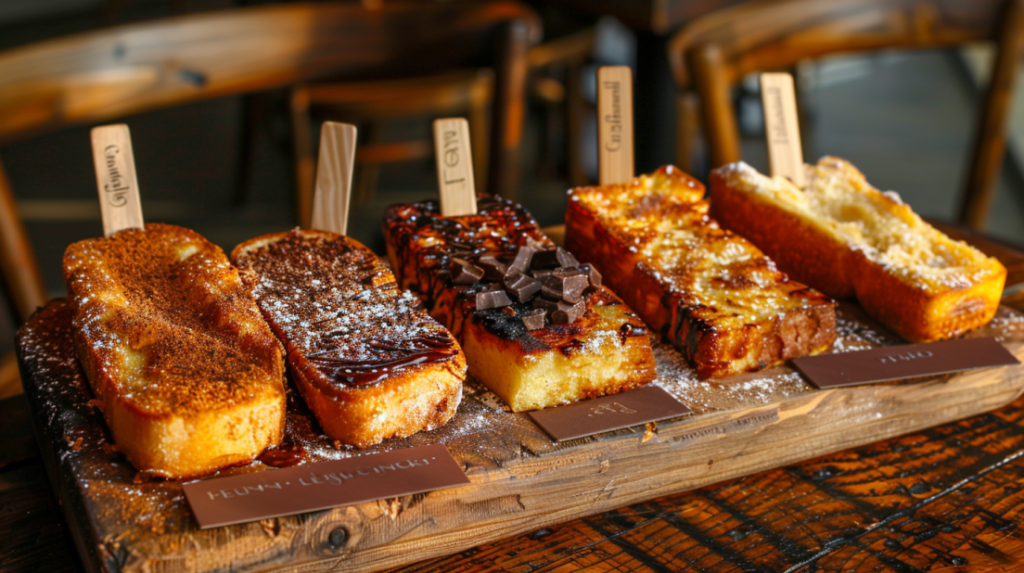 Five different French toast stick variations showing cinnamon sugar, vanilla bean, and other flavors