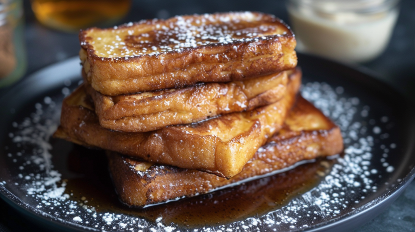 Golden air fryer French toast sticks stacked on black plate with powdered sugar and maple syrup showing perfect caramelization