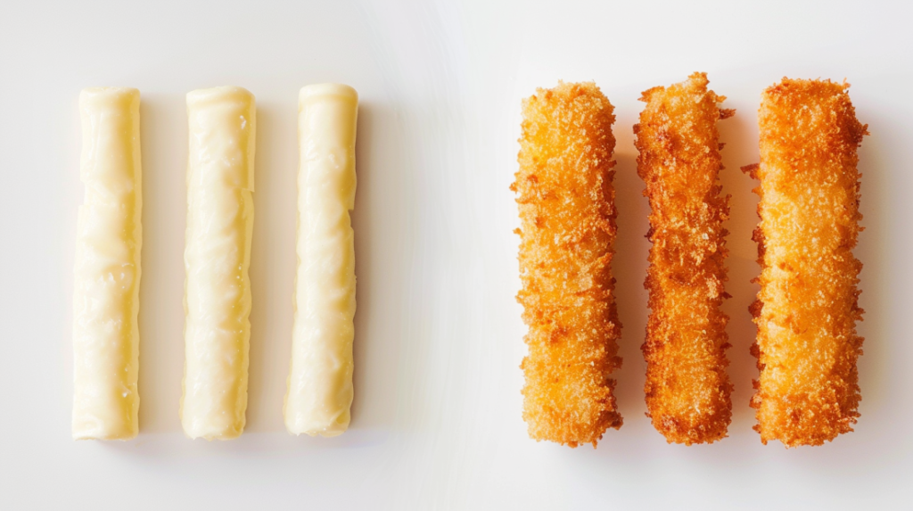 Comparison of plain string cheese versus perfectly breaded air fryer mozzarella sticks
