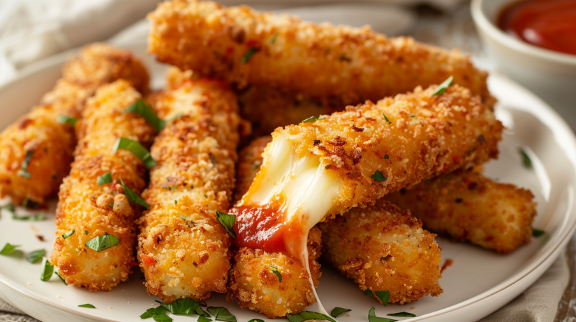 Golden crispy air fryer mozzarella sticks with stretchy cheese pull and marinara dipping sauce