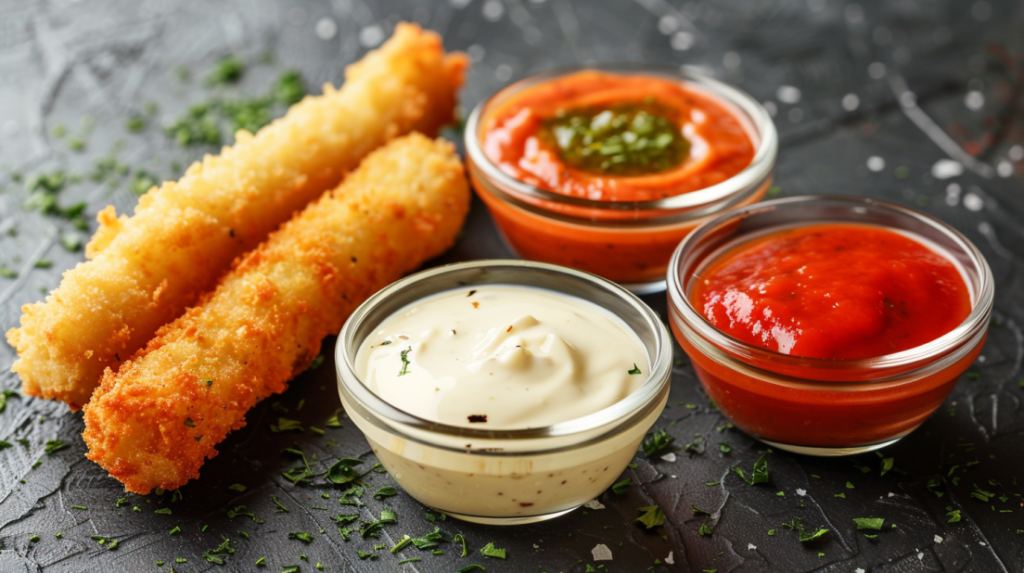 Three dipping sauces for mozzarella sticks: marinara, garlic ranch, and honey mustard