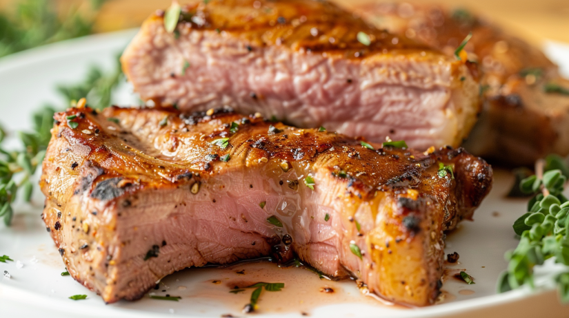 Golden brown air fryer pork chops with perfect crust showing juicy pink center on white plate