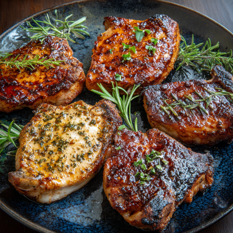 Five different air fryer pork chops with various seasoning blends on wooden cutting board
