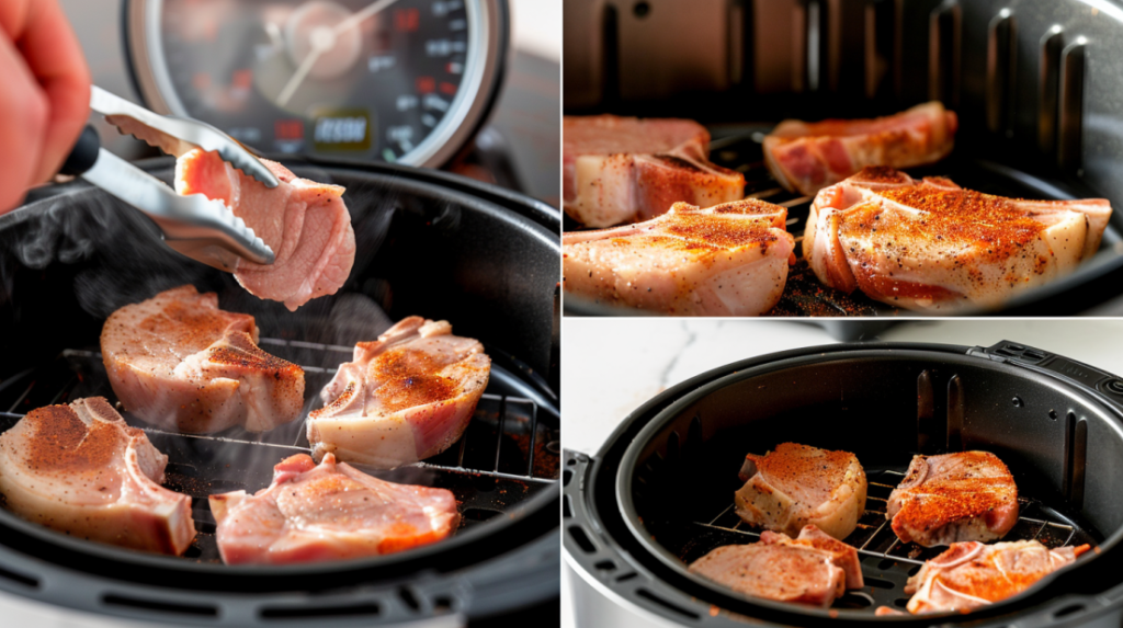 Four-step process for cooking air fryer pork chops from prep to golden finish