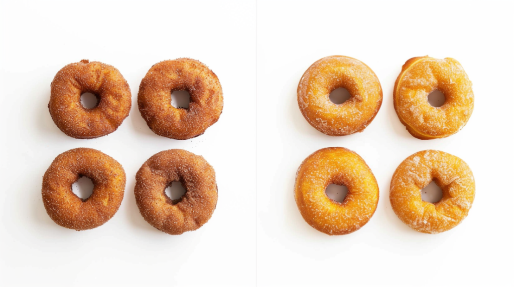 Comparison of failed dense donuts versus perfect fluffy air fryer pumpkin spice donuts