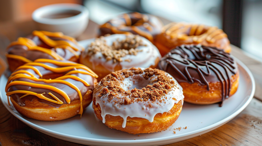 Five different glazing options for pumpkin spice donuts including cinnamon sugar and maple cream