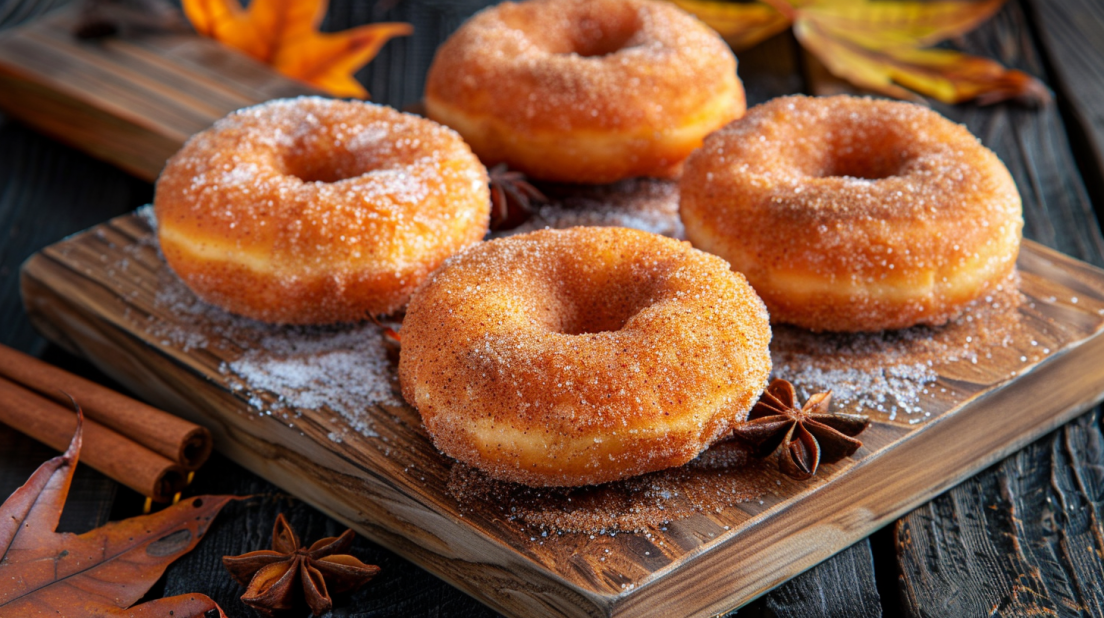 Golden brown air fryer pumpkin spice donuts with cinnamon sugar coating on rustic wooden board