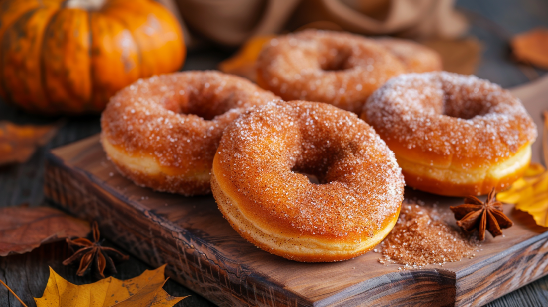 Golden brown air fryer pumpkin spice donuts with cinnamon sugar coating on rustic wooden board ready in just 10 minutes